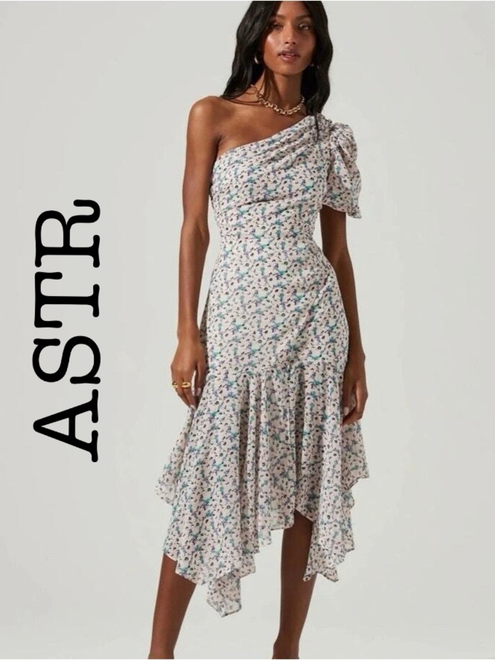 ASTR The Label Santorini One-Shoulder Floral Asymmetrical Midi Dress Size Large